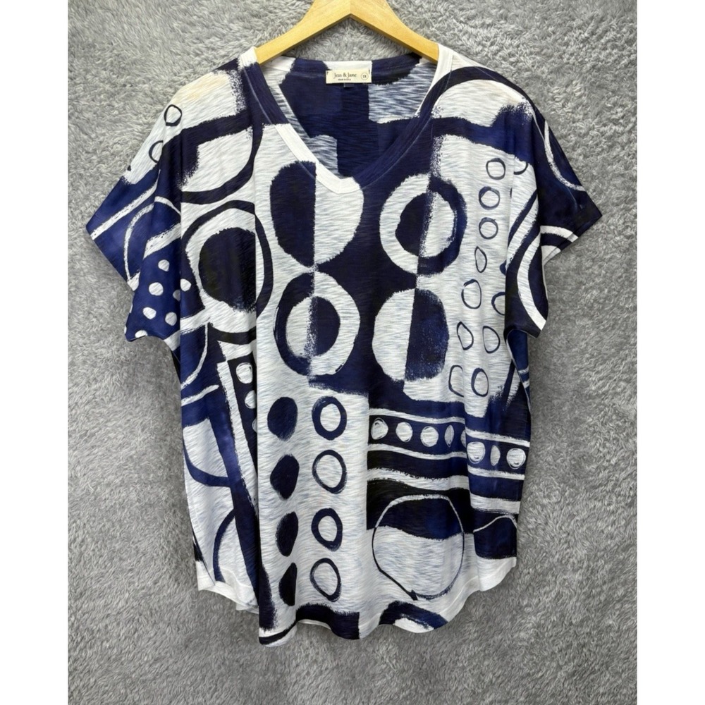 Jess & Jane Womens 1X Top Blue Print Short Sleeve Art to Wear Colorful Boho